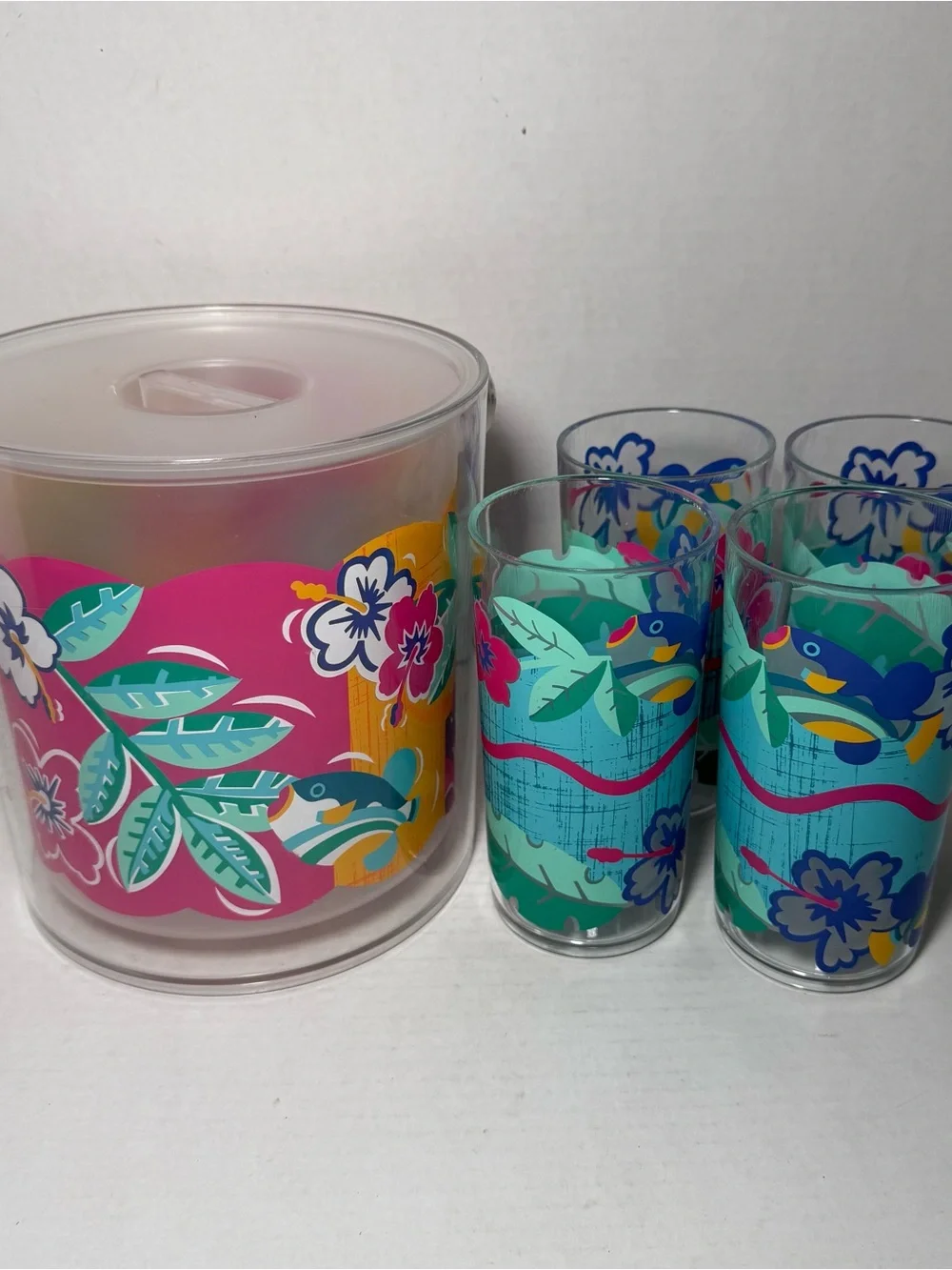 Vintage 1980s Tropical Oasis Summer Breeze Ice Bucket Plastic Tumblers Retro